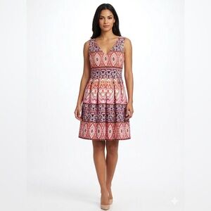 Vince Camuto Fit & Flare Pink Mosiac V-Neck Sleeveless Midi Dress Size 10